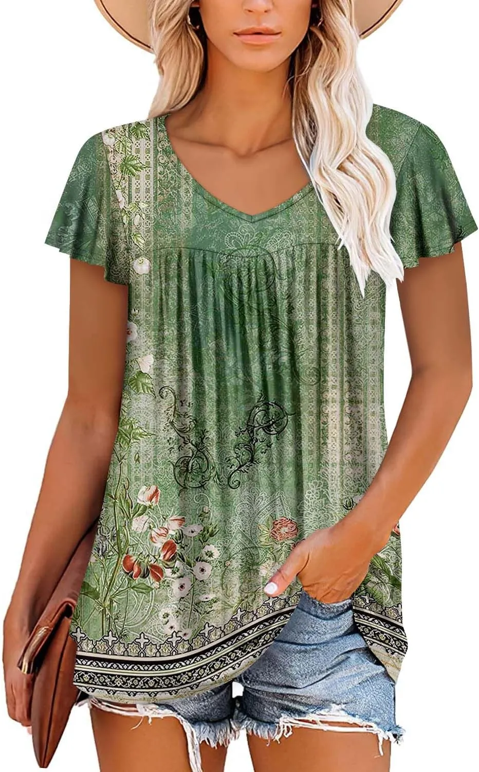 ROSELINLIN Womens Ruffle Sleeve Tunic Tops V Neck Loose Fit Short Sleeve Summer Shirts
