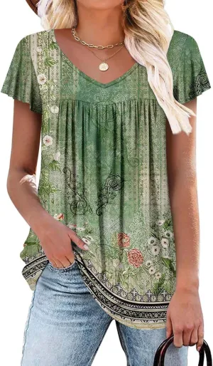 ROSELINLIN Womens Ruffle Sleeve Tunic Tops V Neck Loose Fit Short Sleeve Summer Shirts