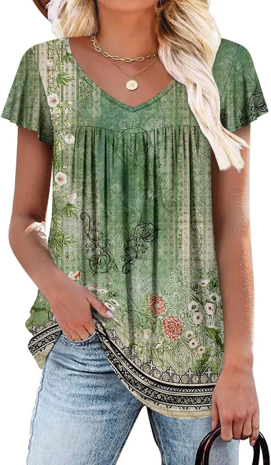 ROSELINLIN Womens Ruffle Sleeve Tunic Tops V Neck Loose Fit Short Sleeve Summer Shirts