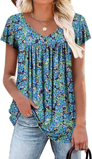 ROSELINLIN Womens Ruffle Sleeve Tunic Tops V Neck Loose Fit Short Sleeve Summer Shirts