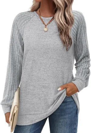 Saloogoe Tunic Sweatshirts for Women Crewneck Lightweight Sweaters Raglan Long Sleeve Shirts Fall Fashion Tops 2024
