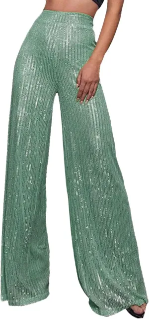 Sequin Pants Women Fashion High Waist Flowy Pants Sparkly Wide Leg Trousers Elastic Loose Side Zipper Shiny Pants