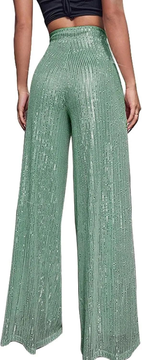 Sequin Pants Women Fashion High Waist Flowy Pants Sparkly Wide Leg Trousers Elastic Loose Side Zipper Shiny Pants