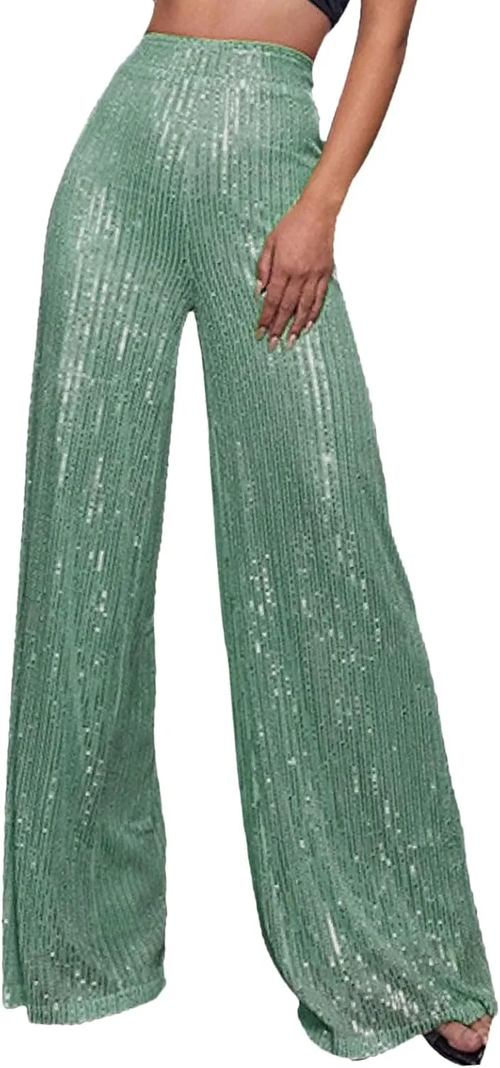 Sequin Pants Women Fashion High Waist Flowy Pants Sparkly Wide Leg Trousers Elastic Loose Side Zipper Shiny Pants