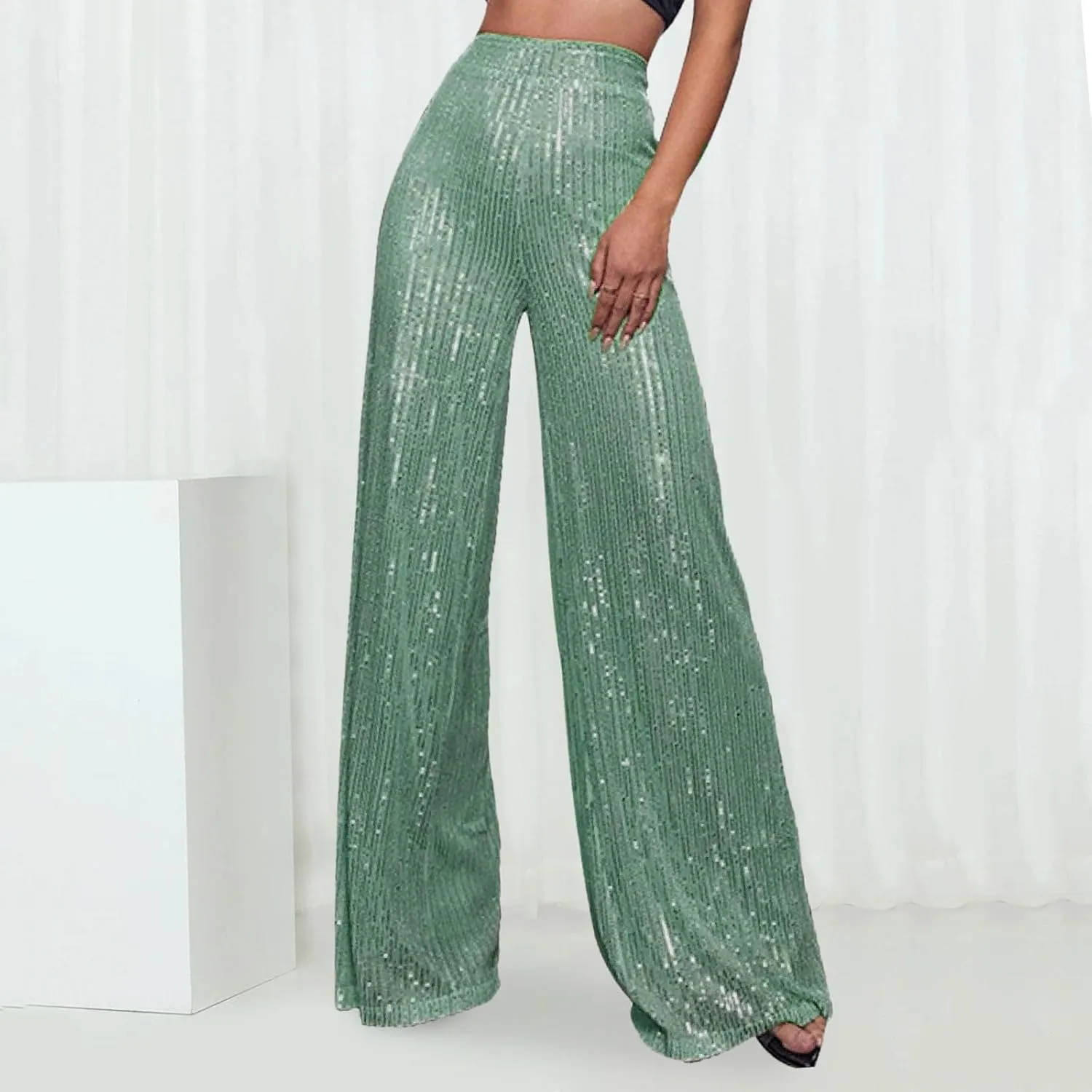 Sequin Pants Women Fashion High Waist Flowy Pants Sparkly Wide Leg Trousers Elastic Loose Side Zipper Shiny Pants