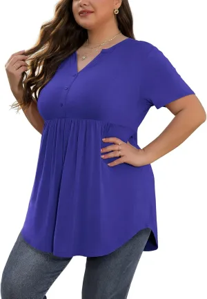 SHIJIALI Women's Plus Size Henley Shirts V Neck Button Tunic Tops Casual Short Sleeve Swing Flowy Tunic