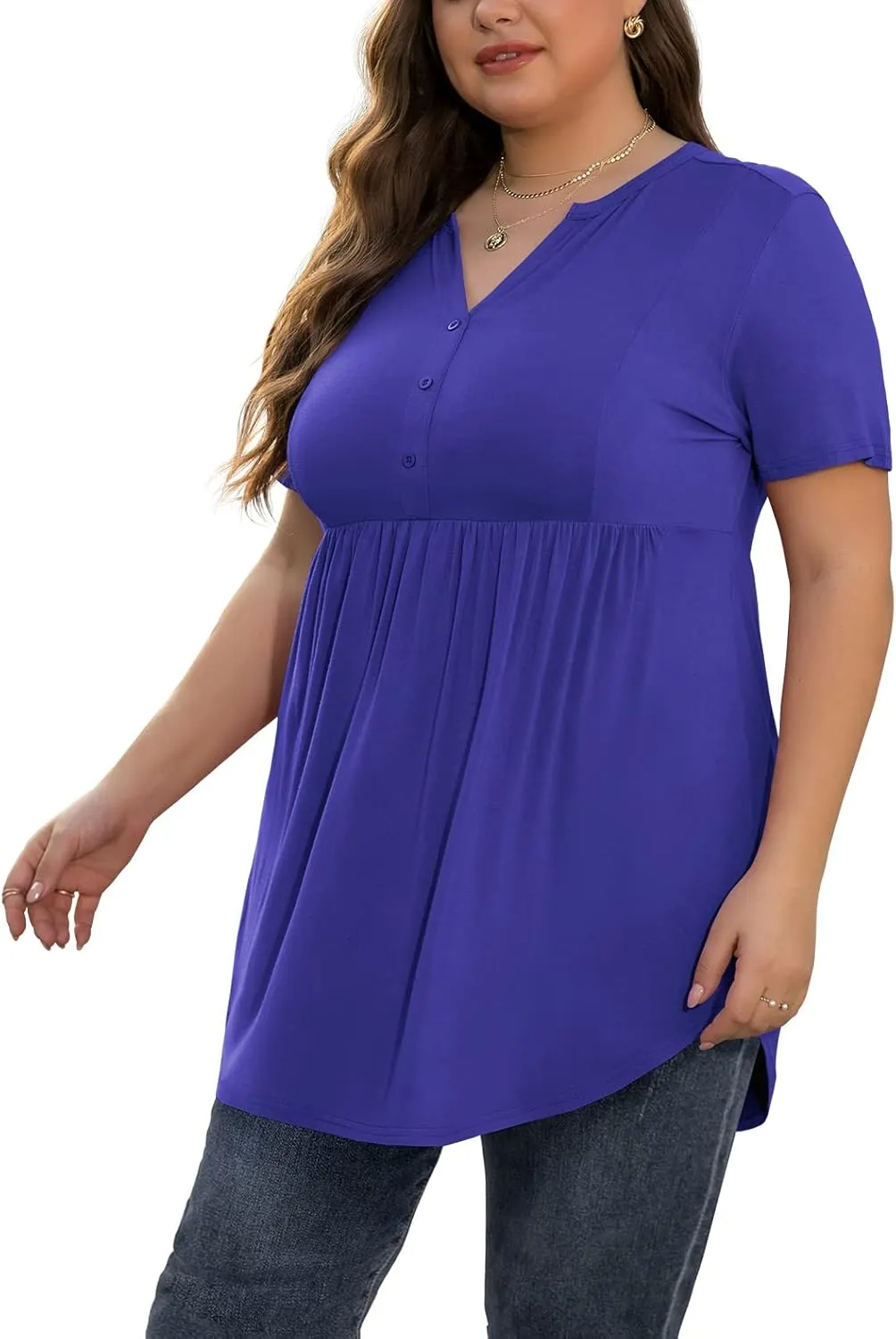 SHIJIALI Women's Plus Size Henley Shirts V Neck Button Tunic Tops Casual Short Sleeve Swing Flowy Tunic