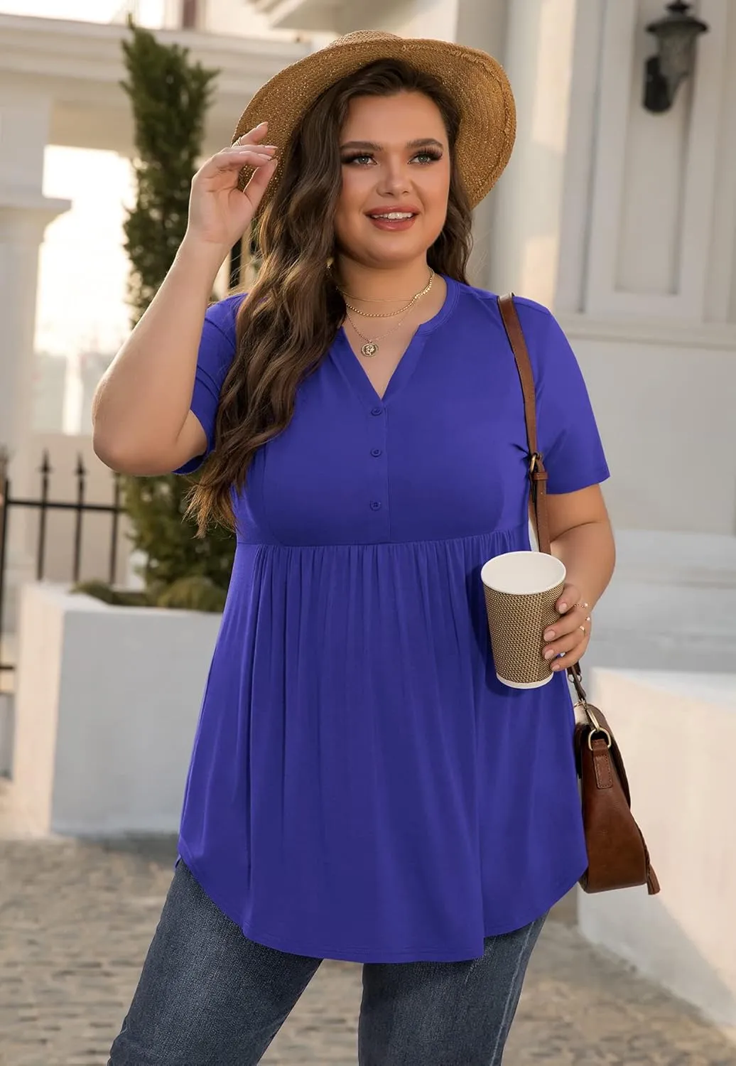 SHIJIALI Women's Plus Size Henley Shirts V Neck Button Tunic Tops Casual Short Sleeve Swing Flowy Tunic