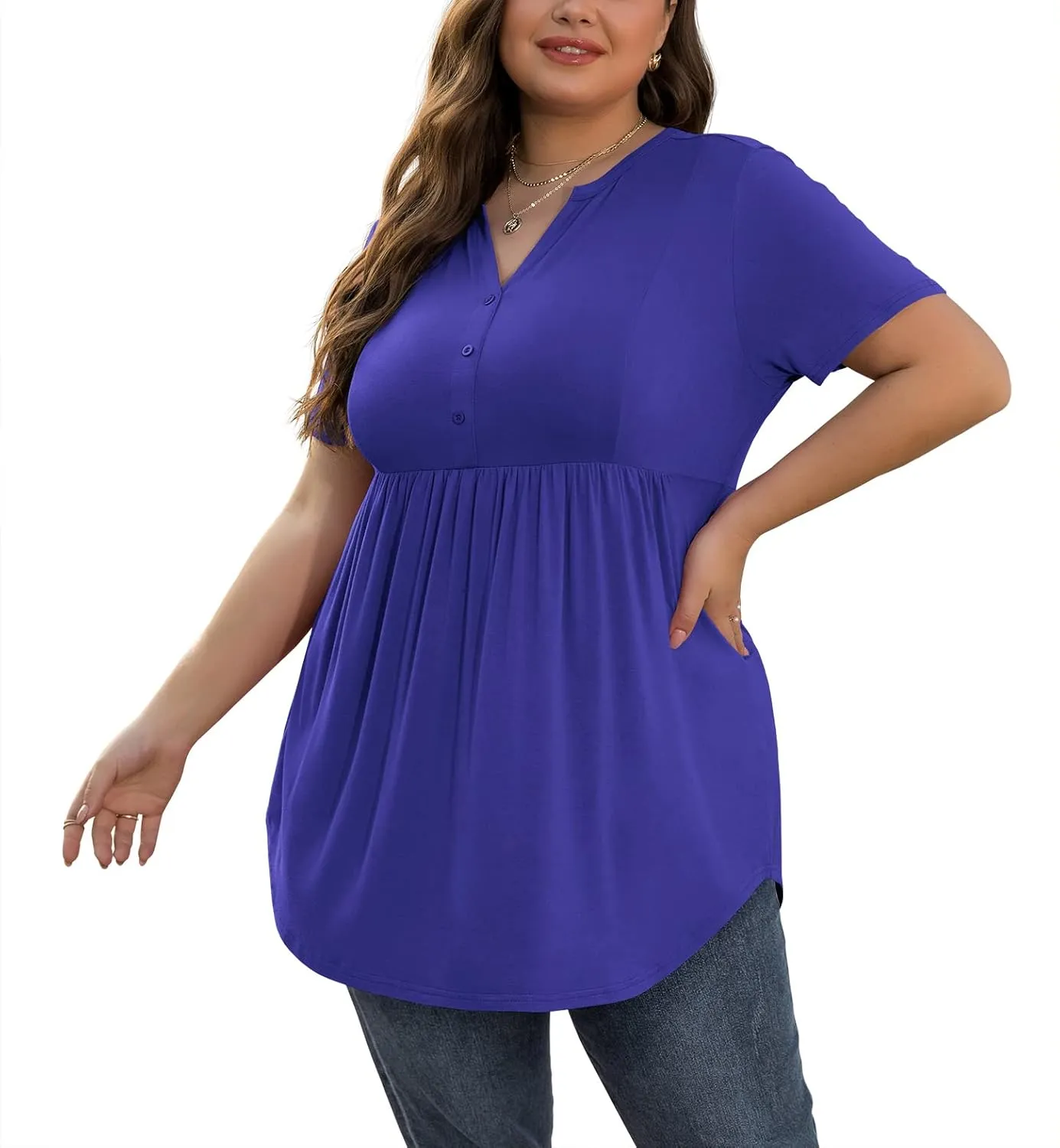 SHIJIALI Women's Plus Size Henley Shirts V Neck Button Tunic Tops Casual Short Sleeve Swing Flowy Tunic