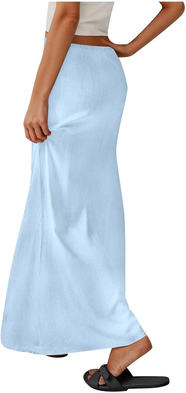 Skirt for Women Maxi Length Skorts Linen Slim Tunics Elastic Waist Basic Drawstring Casual Skort Women 2025 Y2K