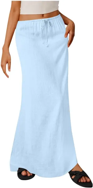 Skirt for Women Maxi Length Skorts Linen Slim Tunics Elastic Waist Basic Drawstring Casual Skort Women 2025 Y2K