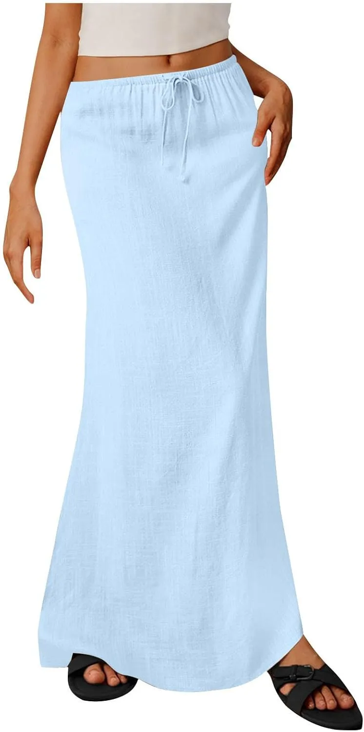 Skirt for Women Maxi Length Skorts Linen Slim Tunics Elastic Waist Basic Drawstring Casual Skort Women 2025 Y2K