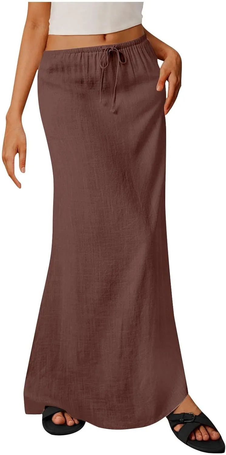 Skirt for Women Maxi Length Skorts Linen Slim Tunics Elastic Waist Basic Drawstring Casual Skort Women 2025 Y2K