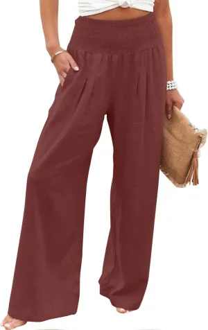 SMIDOW Women's Wide Leg Pants Elastic High Waisted Cotton Linen Long Lounge Pants Business Casual Work Trousers