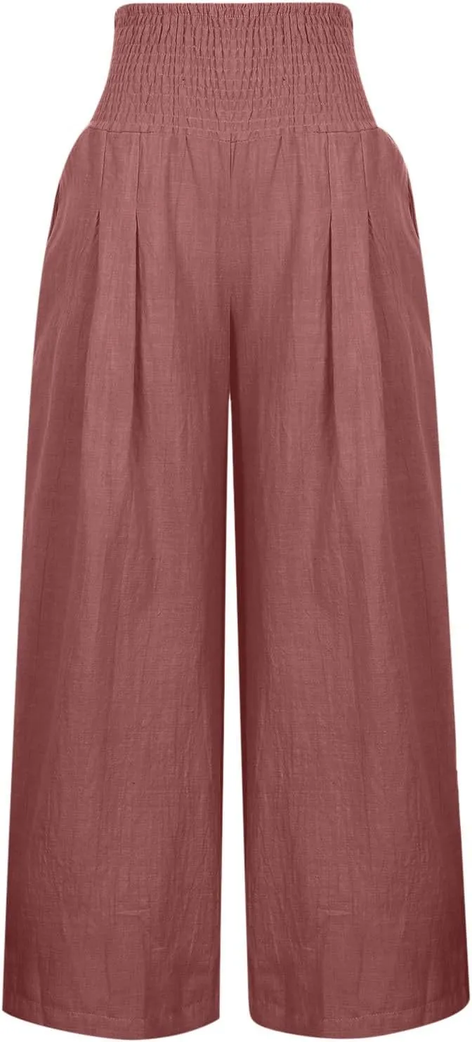 SMIDOW Women's Wide Leg Pants Elastic High Waisted Cotton Linen Long Lounge Pants Business Casual Work Trousers