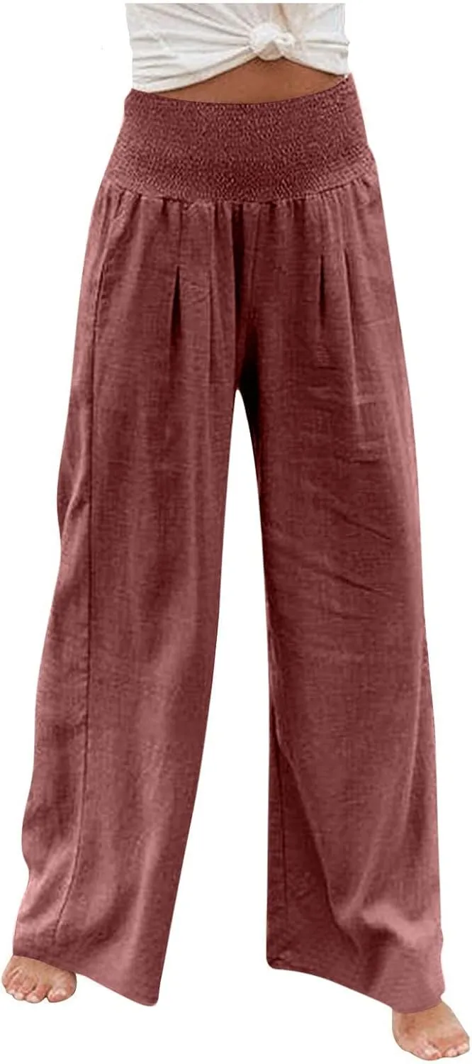 SMIDOW Women's Wide Leg Pants Elastic High Waisted Cotton Linen Long Lounge Pants Business Casual Work Trousers
