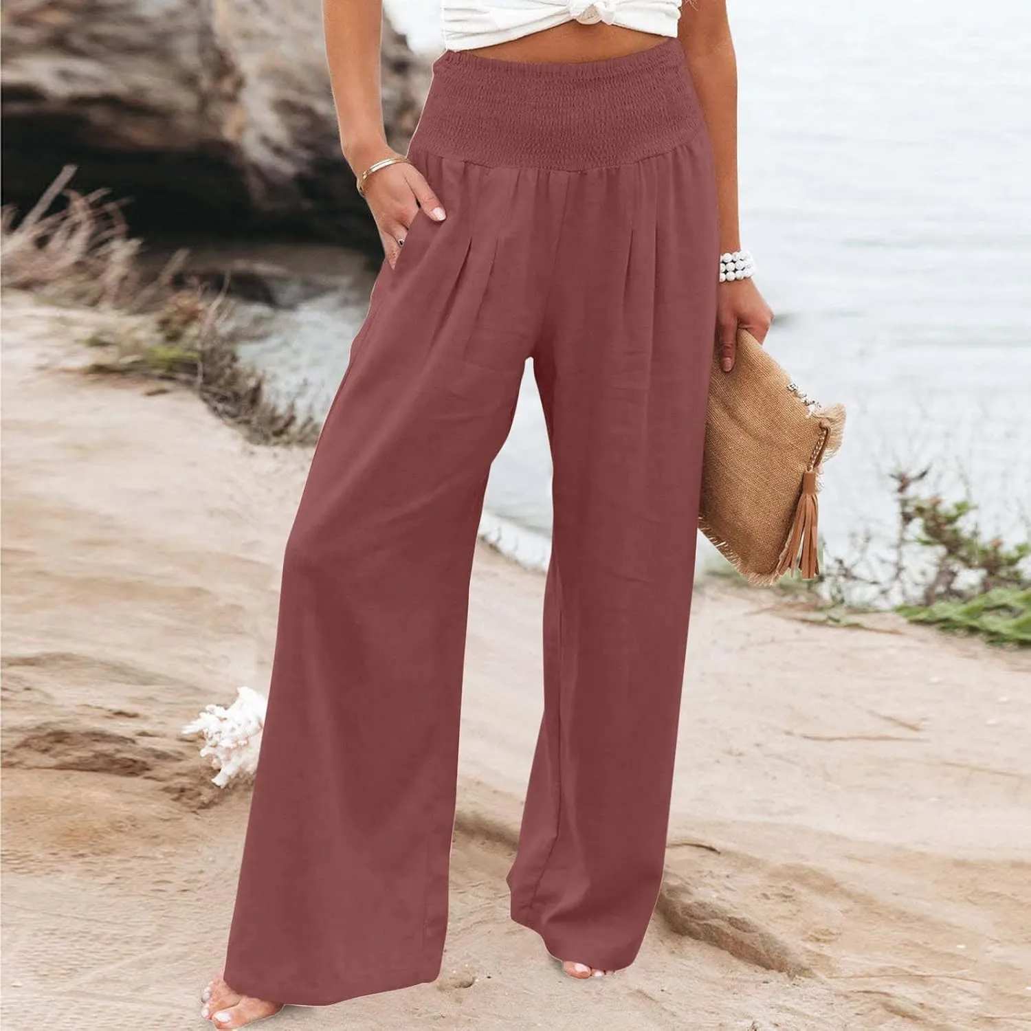 SMIDOW Women's Wide Leg Pants Elastic High Waisted Cotton Linen Long Lounge Pants Business Casual Work Trousers