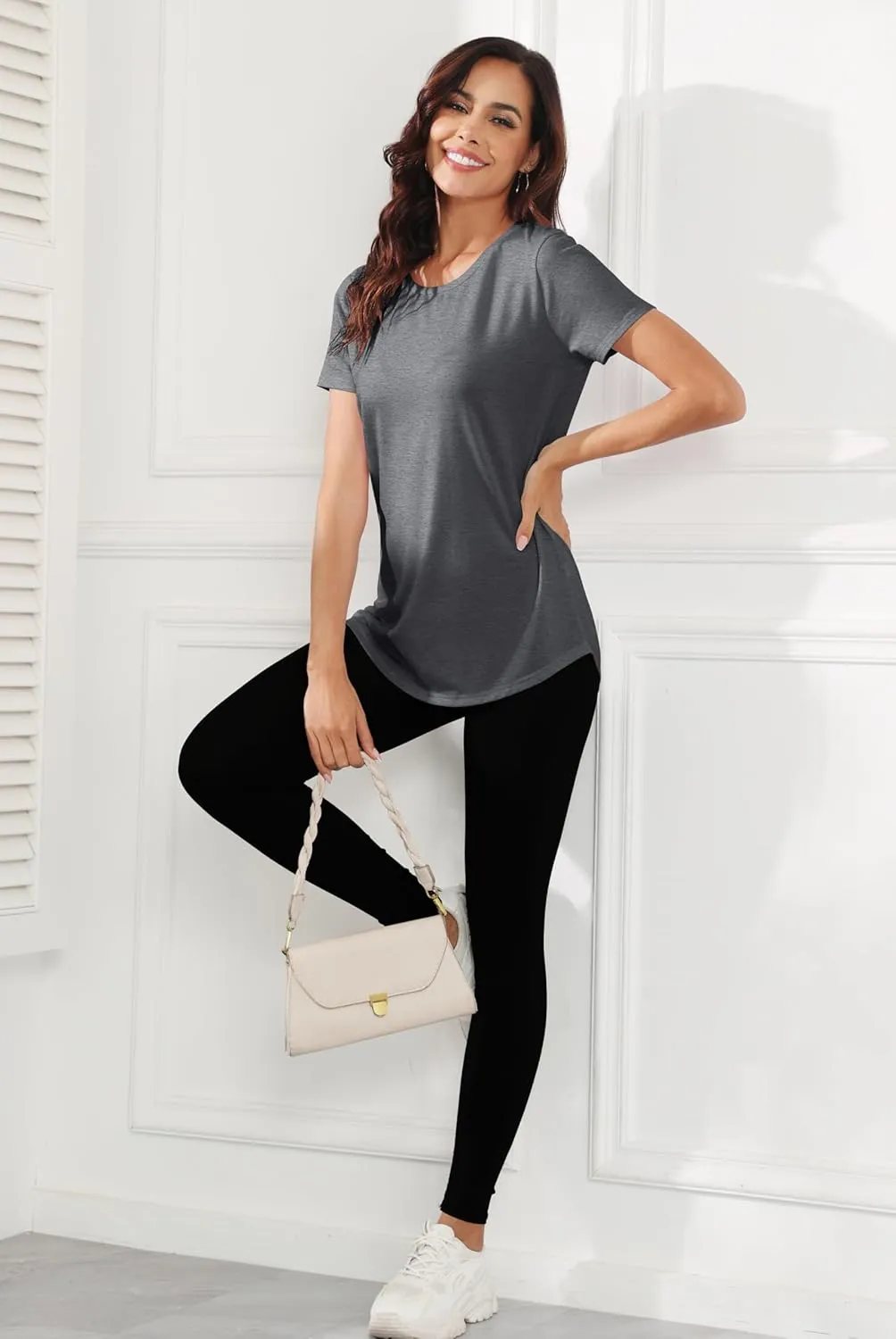 Smile Fish Women Crewneck Loose Fit Tunic Tops Short Sleeve Dressy Casual Summer Long Tee Shirts