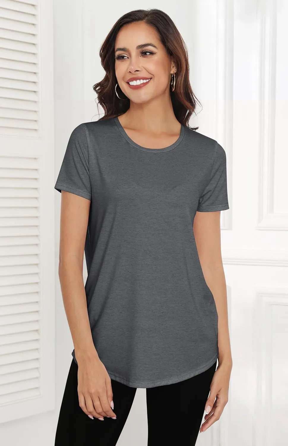 Smile Fish Women Crewneck Loose Fit Tunic Tops Short Sleeve Dressy Casual Summer Long Tee Shirts