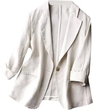 SOMTHRON Women's Casual Linen Blazer 3/4 Sleeve One Button Lapel Lightweight Work Office Dressy Suit Jacket