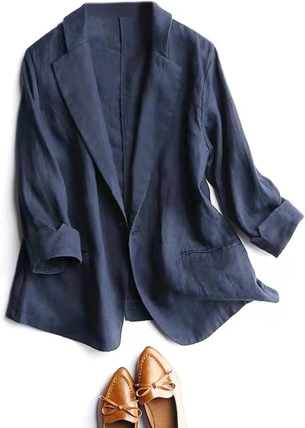 SOMTHRON Women's Casual Linen Blazer 3/4 Sleeve One Button Lapel Lightweight Work Office Dressy Suit Jacket