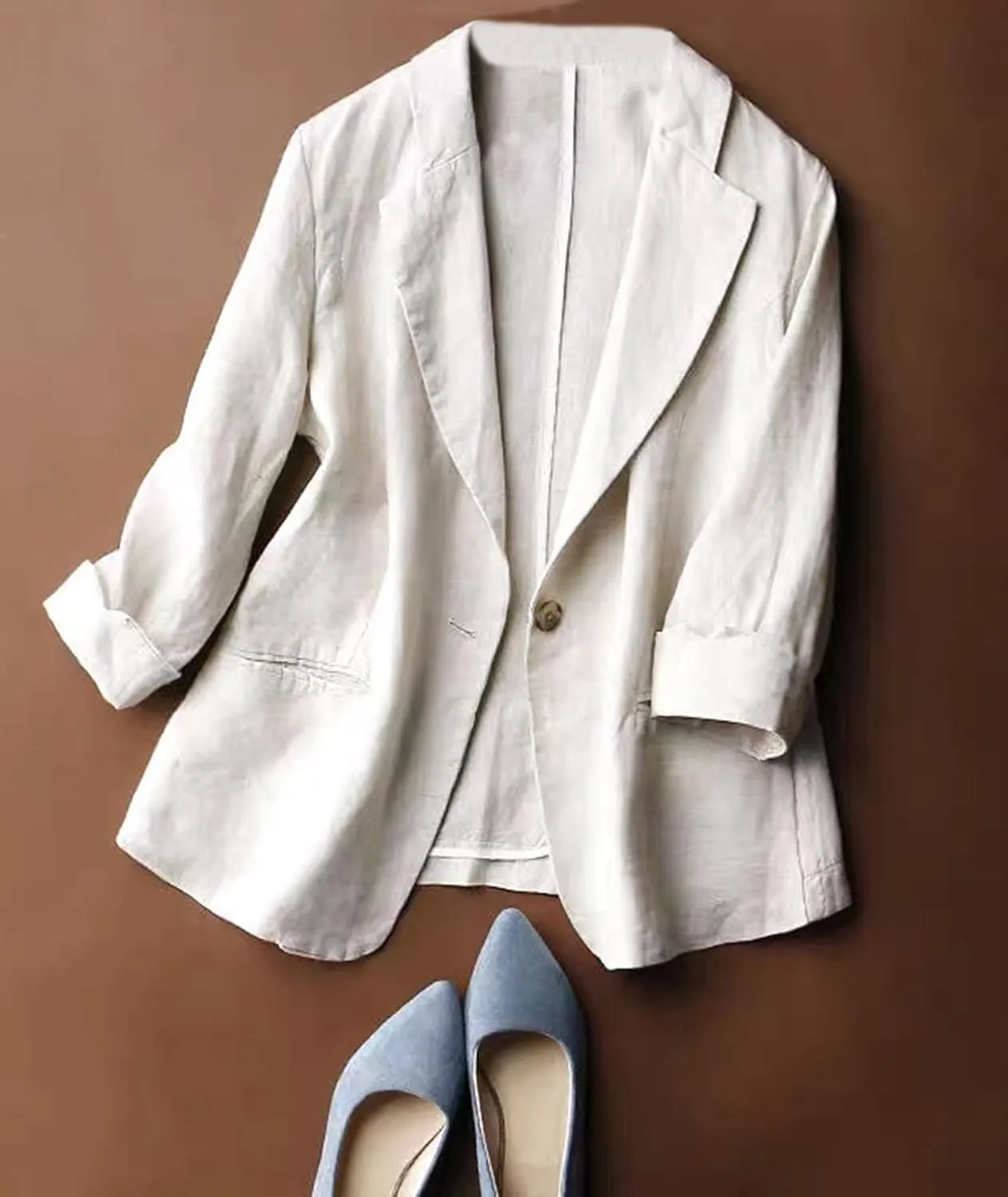 SOMTHRON Women's Casual Linen Blazer 3/4 Sleeve One Button Lapel Lightweight Work Office Dressy Suit Jacket