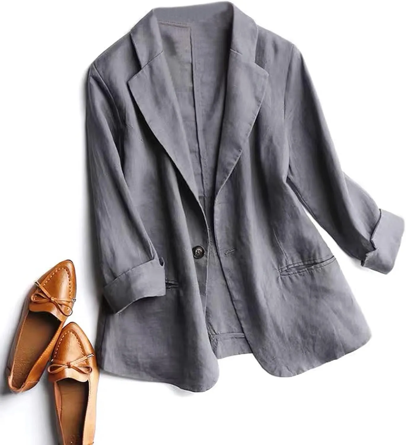 SOMTHRON Women's Casual Linen Blazer 3/4 Sleeve One Button Lapel Lightweight Work Office Dressy Suit Jacket