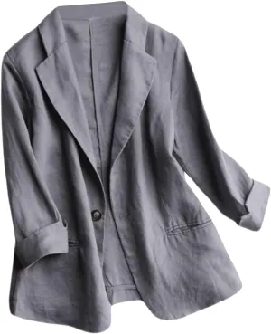 SOMTHRON Women's Casual Linen Blazer 3/4 Sleeve One Button Lapel Lightweight Work Office Dressy Suit Jacket