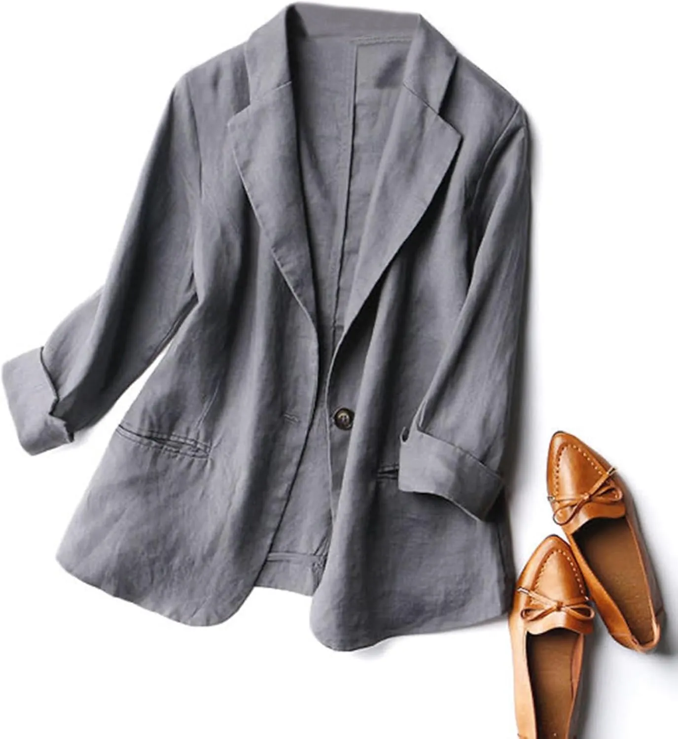 SOMTHRON Women's Casual Linen Blazer 3/4 Sleeve One Button Lapel Lightweight Work Office Dressy Suit Jacket