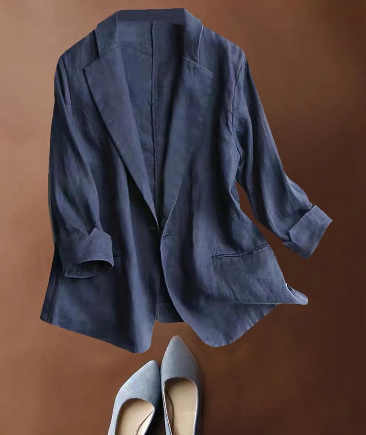 SOMTHRON Women's Casual Linen Blazer 3/4 Sleeve One Button Lapel Lightweight Work Office Dressy Suit Jacket