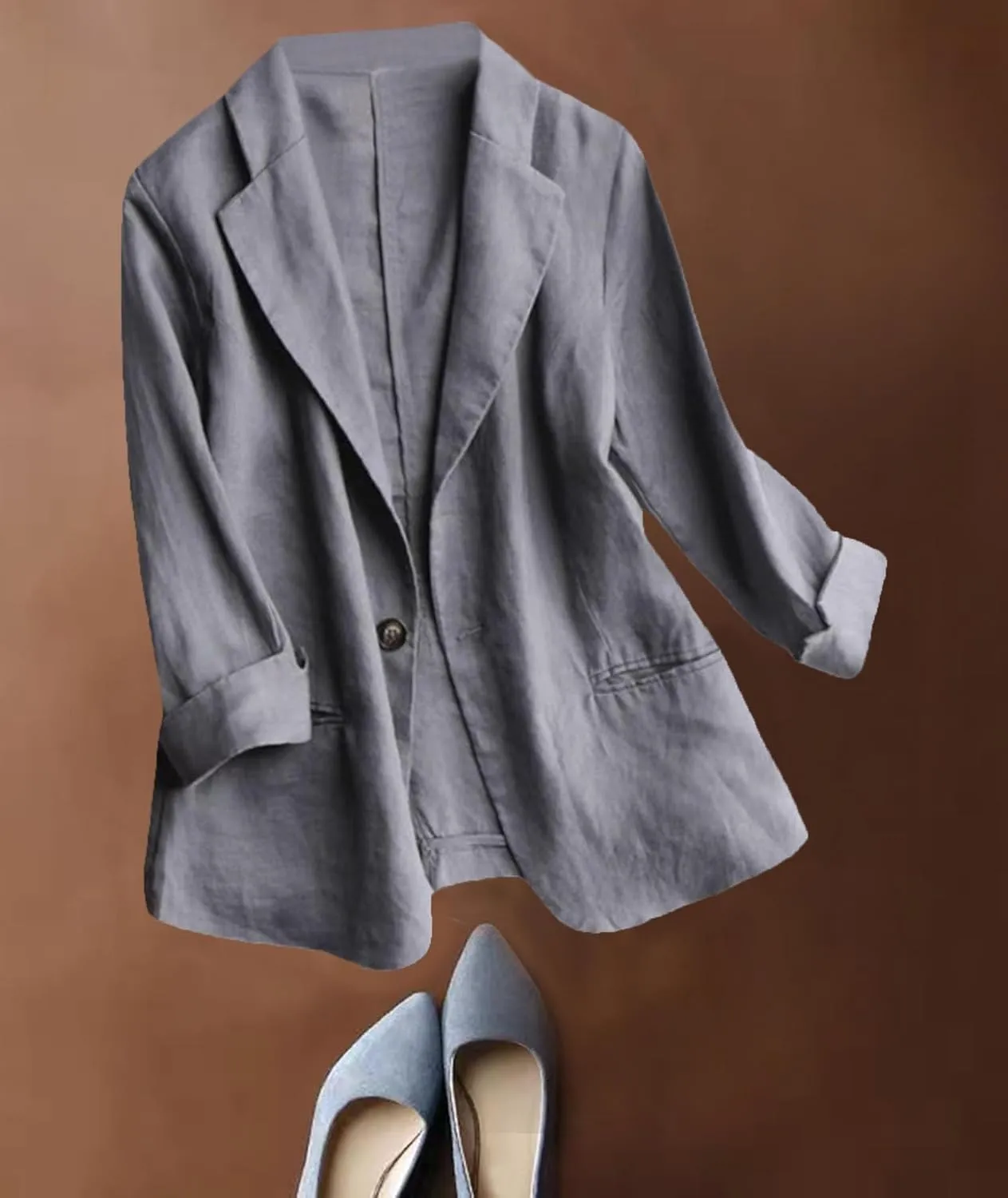 SOMTHRON Women's Casual Linen Blazer 3/4 Sleeve One Button Lapel Lightweight Work Office Dressy Suit Jacket
