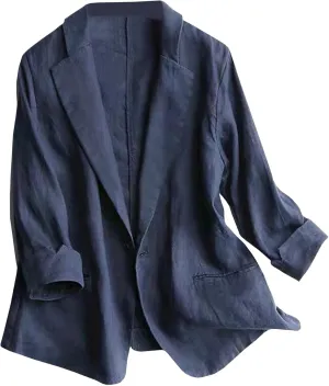 SOMTHRON Women's Casual Linen Blazer 3/4 Sleeve One Button Lapel Lightweight Work Office Dressy Suit Jacket