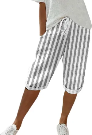 Striped Capri Women Linen Pants Cropped Lightweight Summer Elastic Waist Pocket for Women 2025 Loose Pinstripe Pants