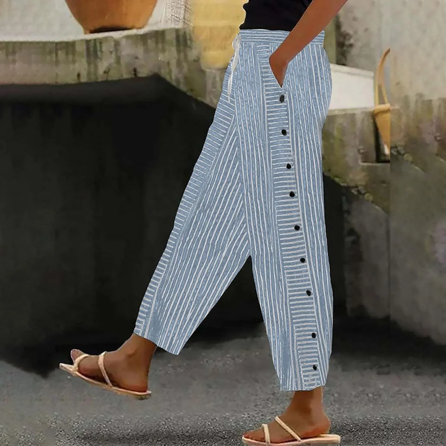 Striped Linen Pants for Women Casual Straight Leg Elastic Waist Pants Beach Side Button Summer Pants with Pockets