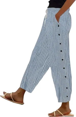 Striped Linen Pants for Women Casual Straight Leg Elastic Waist Pants Beach Side Button Summer Pants with Pockets