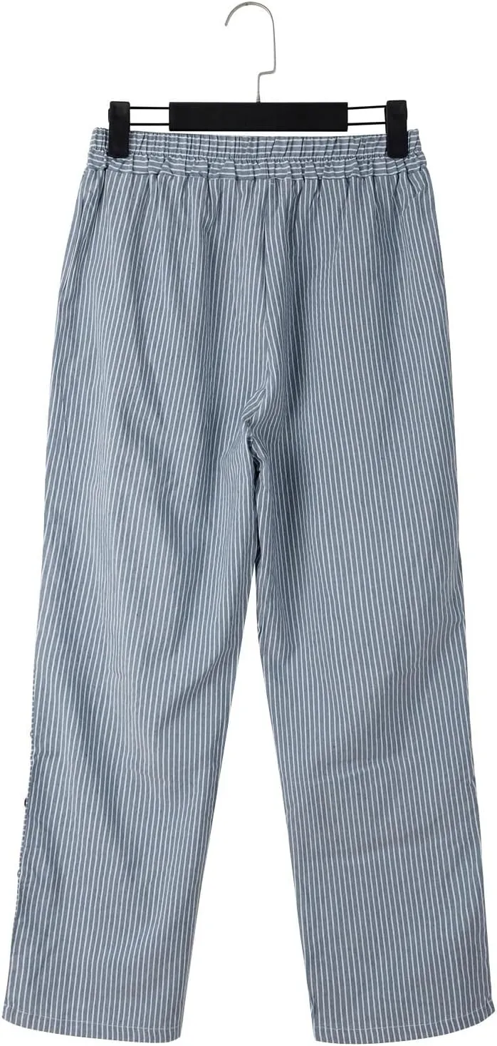 Striped Linen Pants for Women Casual Straight Leg Elastic Waist Pants Beach Side Button Summer Pants with Pockets
