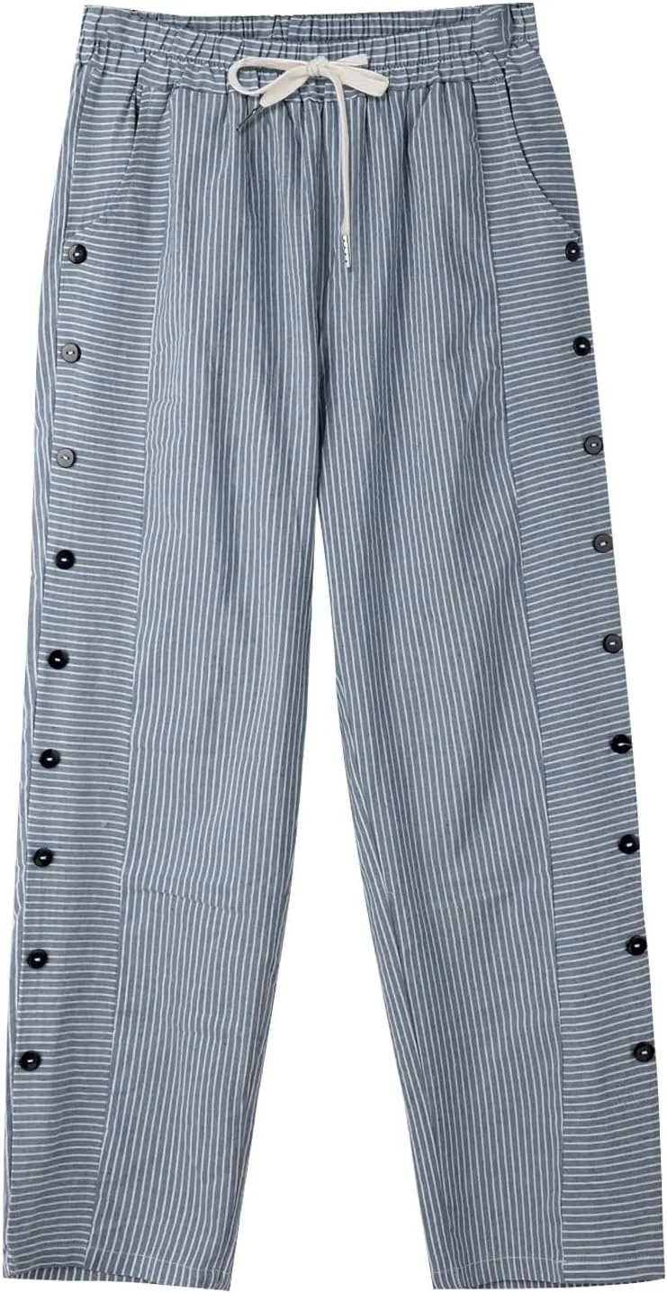 Striped Linen Pants for Women Casual Straight Leg Elastic Waist Pants Beach Side Button Summer Pants with Pockets