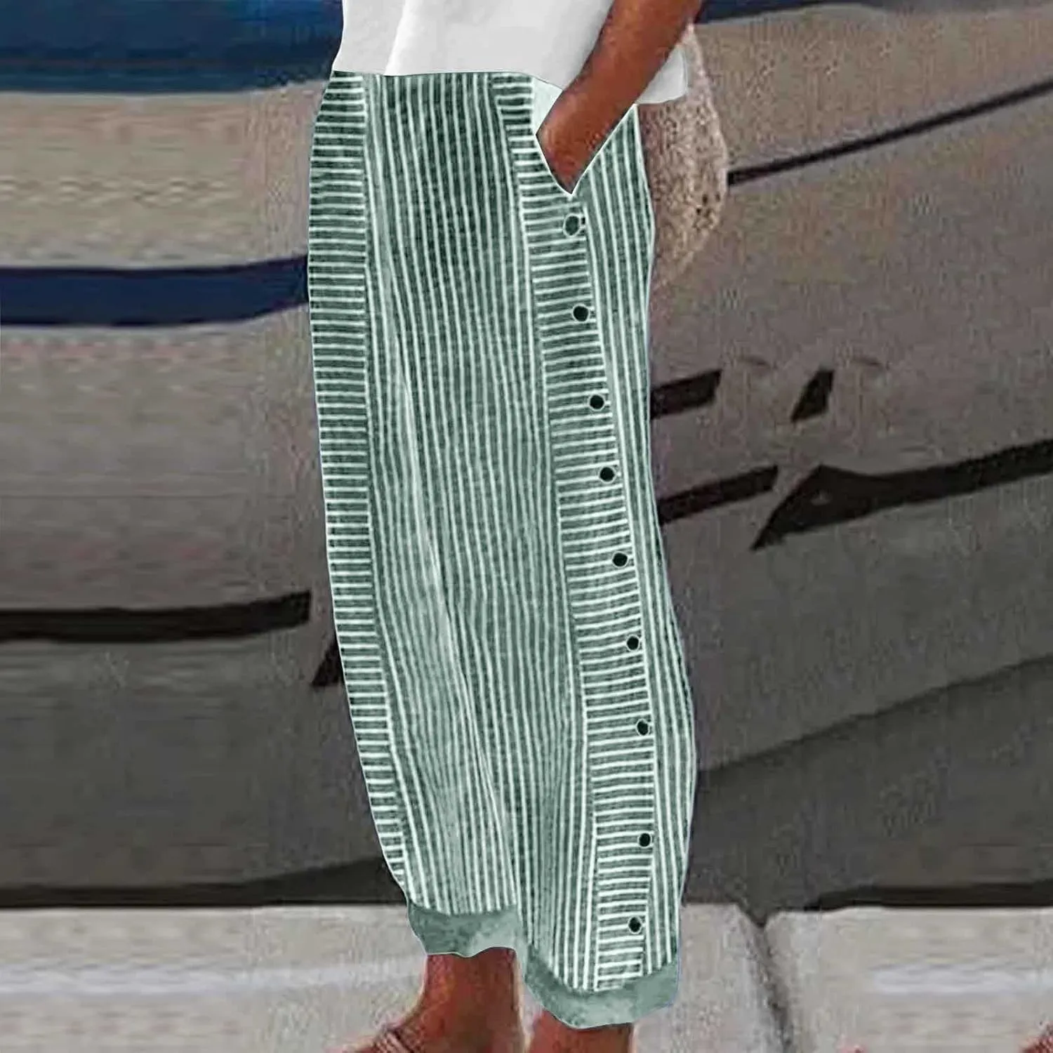 Striped Pants Women Side Button Pockets Baggy Elastic Waist Straight Leg Trousers Summer Beach Casual Pants for Women