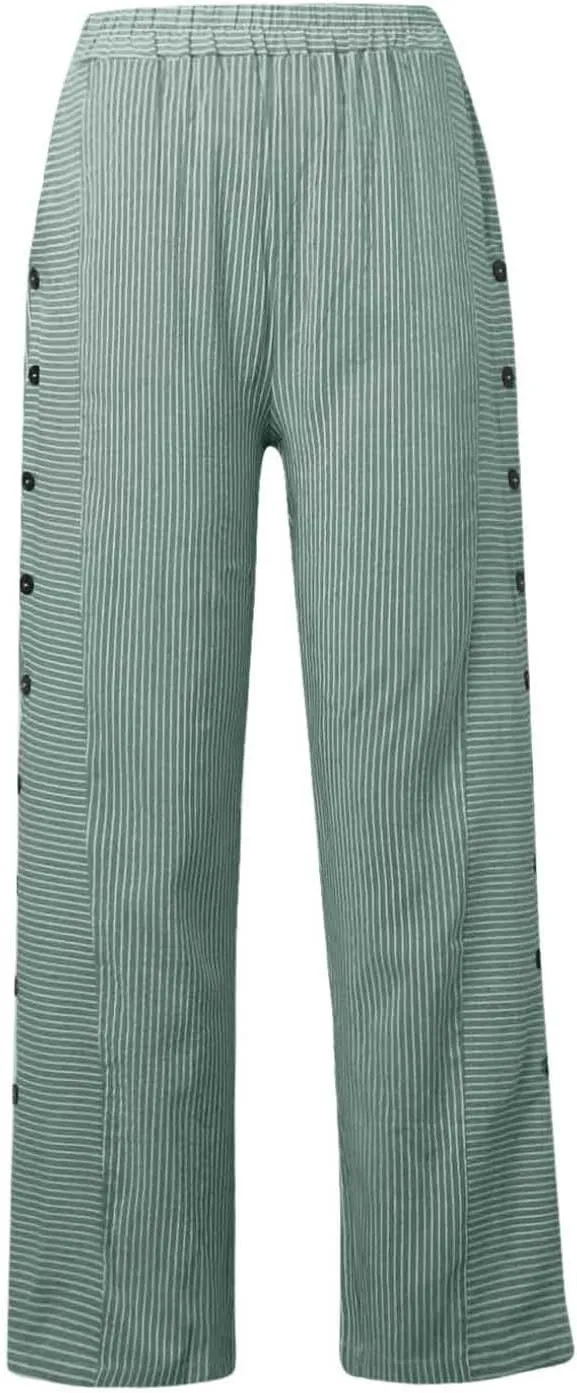Striped Pants Women Side Button Pockets Baggy Elastic Waist Straight Leg Trousers Summer Beach Casual Pants for Women
