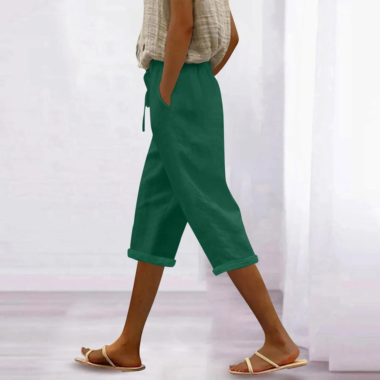 Summer Capri Pants for Women 2024 Flax Elastic Long Pants Beach Leisure Trousers Women's Summer Casual Linen Pants