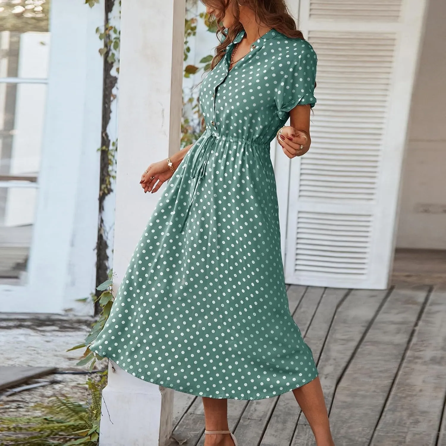 Summer Dresses for Women 2025 Casual Loose Trendy Short Sleeve V-Neck Boho Polka Dot Print Beach Maxi Dress, S-2XL
