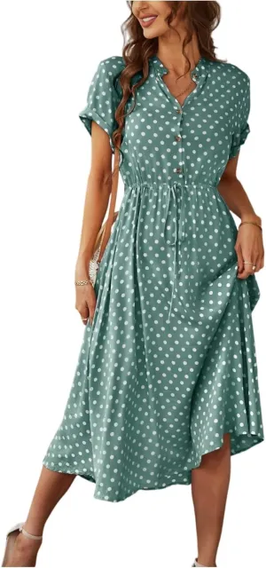 Summer Dresses for Women 2025 Casual Loose Trendy Short Sleeve V-Neck Boho Polka Dot Print Beach Maxi Dress, S-2XL