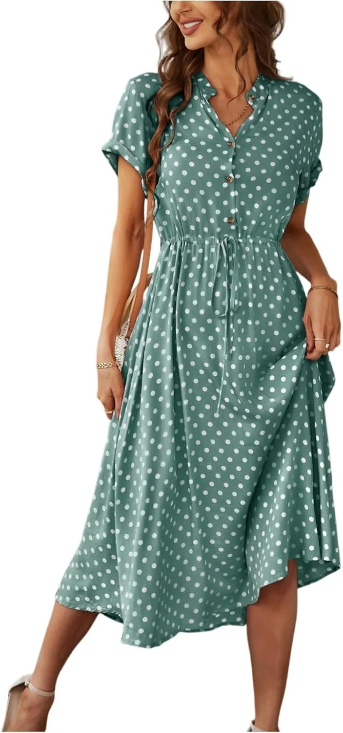 Summer Dresses for Women 2025 Casual Loose Trendy Short Sleeve V-Neck Boho Polka Dot Print Beach Maxi Dress, S-2XL