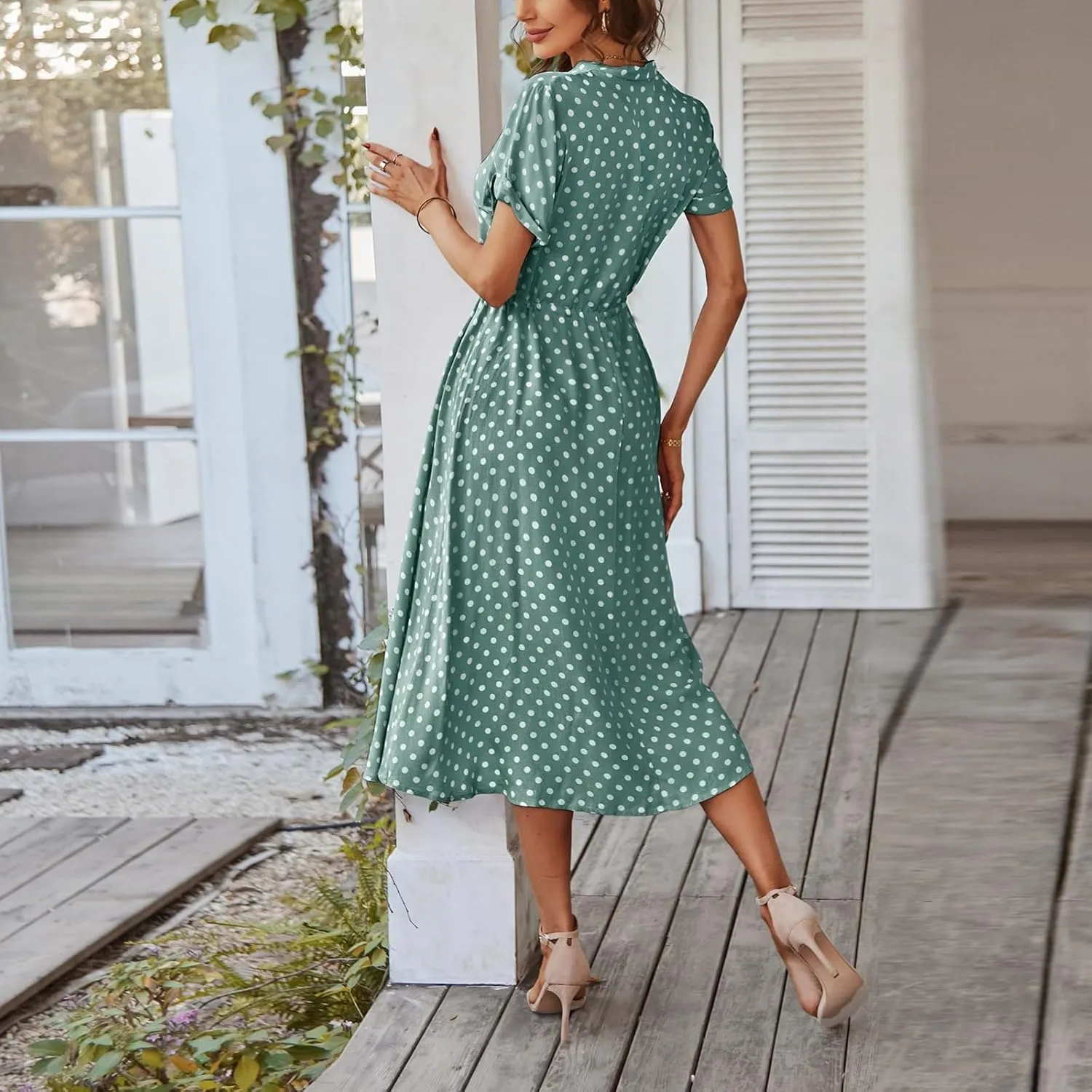 Summer Dresses for Women 2025 Casual Loose Trendy Short Sleeve V-Neck Boho Polka Dot Print Beach Maxi Dress, S-2XL