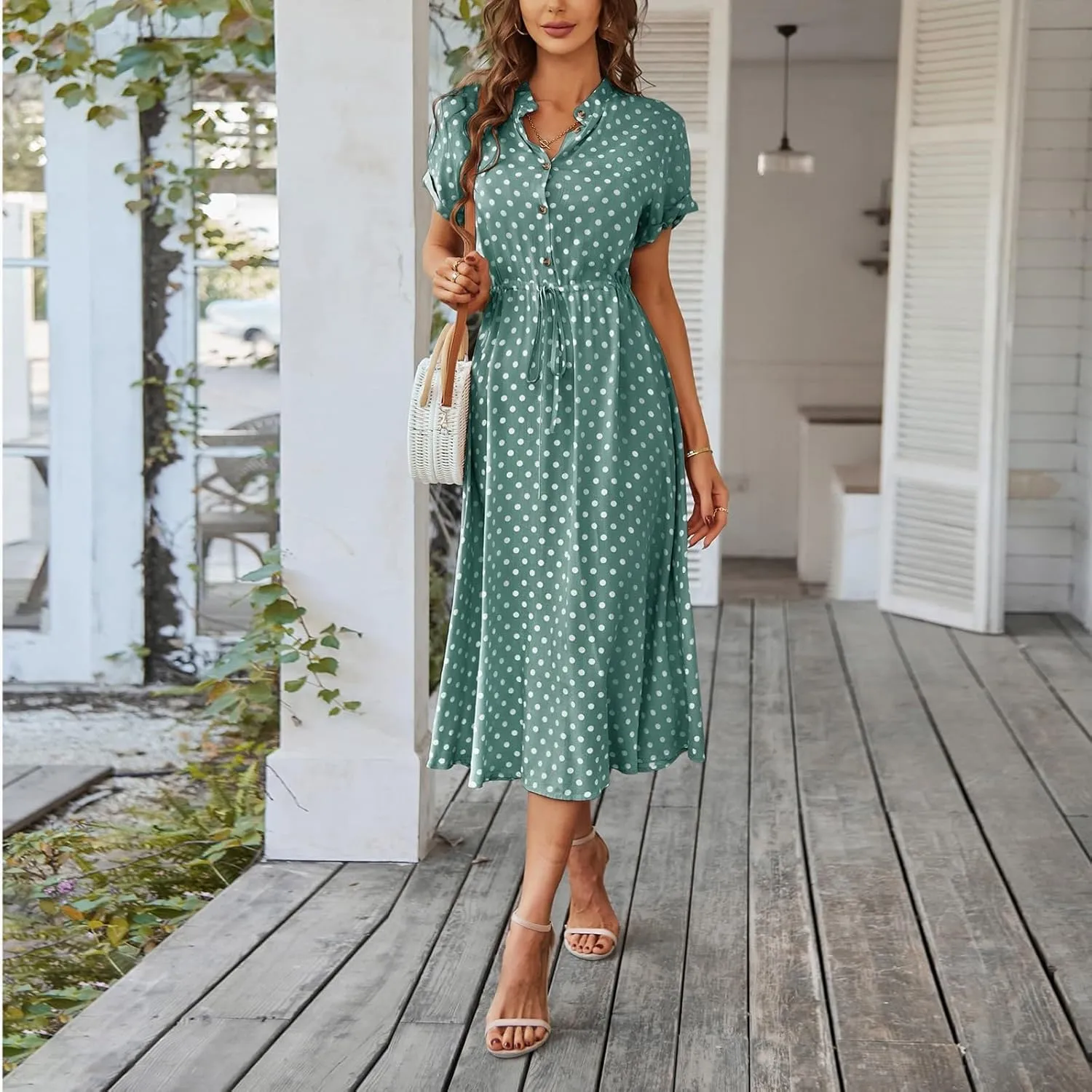 Summer Dresses for Women 2025 Casual Loose Trendy Short Sleeve V-Neck Boho Polka Dot Print Beach Maxi Dress, S-2XL