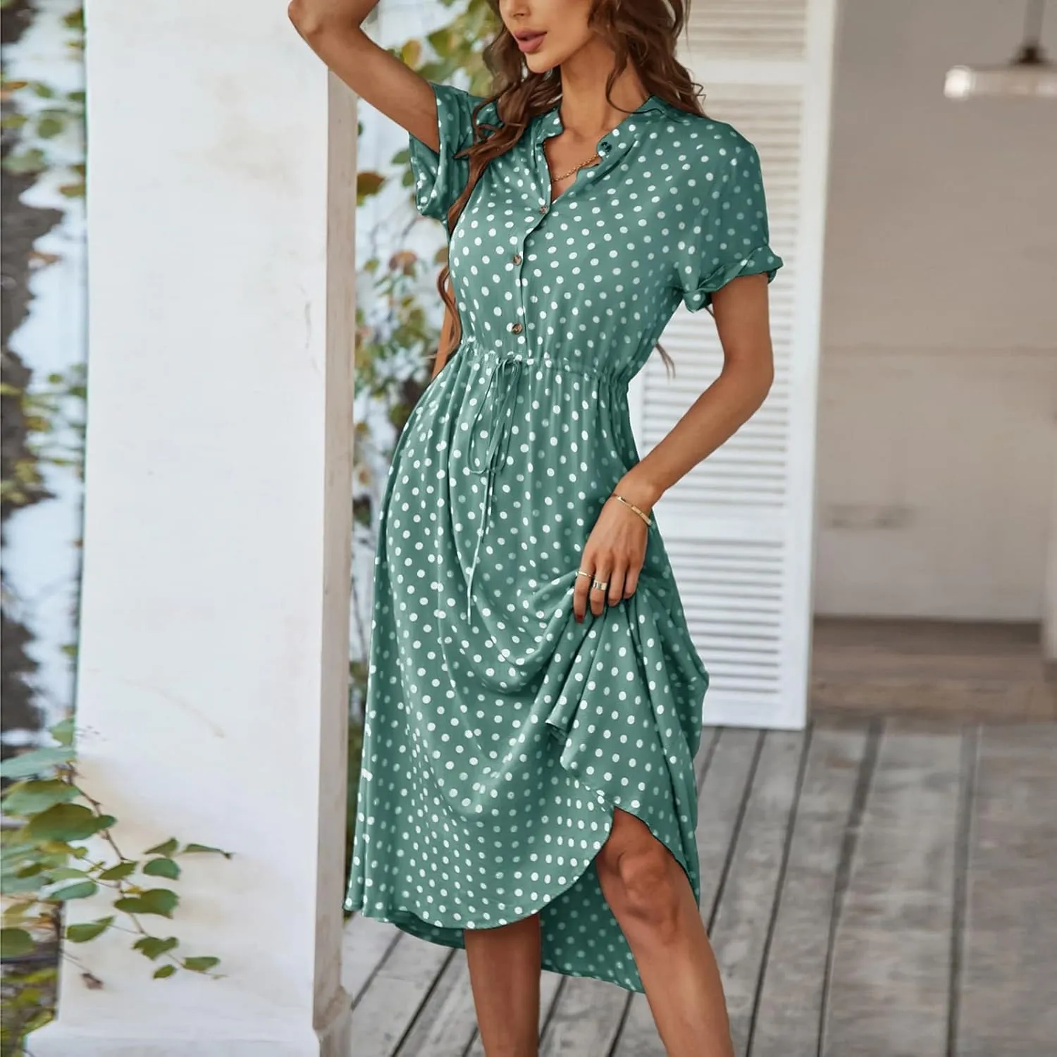 Summer Dresses for Women 2025 Casual Loose Trendy Short Sleeve V-Neck Boho Polka Dot Print Beach Maxi Dress, S-2XL