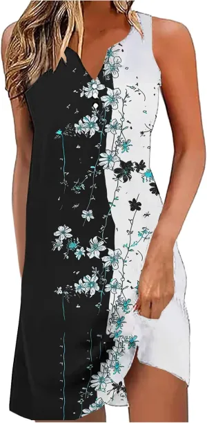Summer Dresses Womens Beach Vacation Boho Floral Tunic Dress Sexy Button V Neck Sleeveless Tunic Mini Tank Sundress