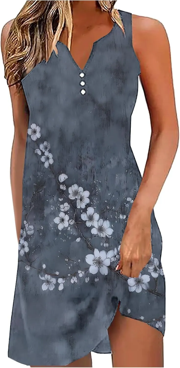 Summer Dresses Womens Beach Vacation Boho Floral Tunic Dress Sexy Button V Neck Sleeveless Tunic Mini Tank Sundress