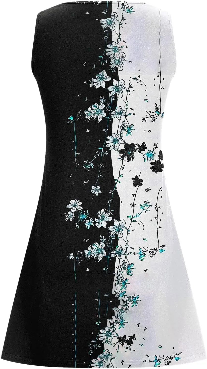 Summer Dresses Womens Beach Vacation Boho Floral Tunic Dress Sexy Button V Neck Sleeveless Tunic Mini Tank Sundress