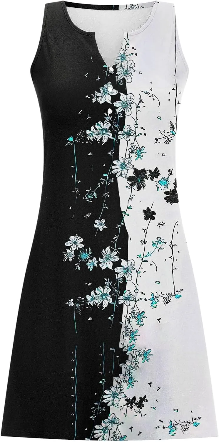 Summer Dresses Womens Beach Vacation Boho Floral Tunic Dress Sexy Button V Neck Sleeveless Tunic Mini Tank Sundress